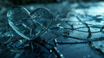a 3D render of a glass surface with a heart-shaped crack realistic reflections and refractions creating a somber mood