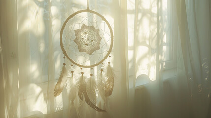 a crisp and clear photograph of a white handmade dreamcatcher detailed crochet webbing with delicate feathers - obrazy, fototapety, plakaty