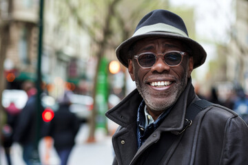 A man wearing a hat and sunglasses smiles for the camera