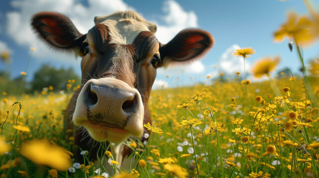 a close-up photo of a cheerful cow among a meadow of yellow flowers on a clear day