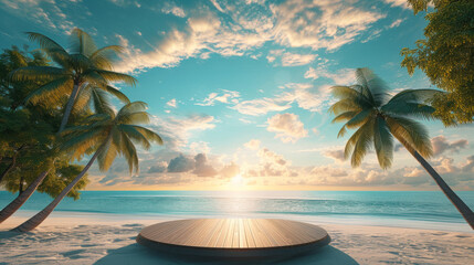 an idyllic coastal vista featuring a round platform on a pristine beach palm trees swaying - obrazy, fototapety, plakaty
