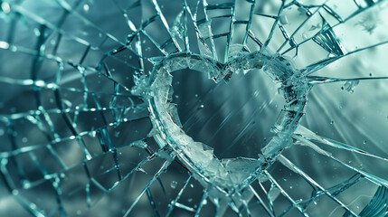 a shattered glass pane with a distinct heart-shaped break in the middle intricate crack patterns radiating outward - obrazy, fototapety, plakaty