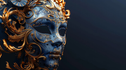 Illustration of an ornate mask with bold blue and gold colors baroque style detailing