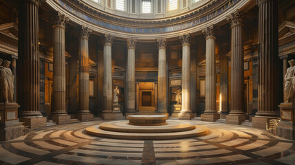 Majestic Roman pantheon interior central dais ringed by monumental stone steps - obrazy, fototapety, plakaty