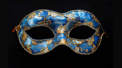Luxurious masquerade mask with rich blue and golden hues sparkling under soft ambient light