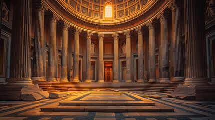 Majestic Roman pantheon interior central dais ringed by monumental stone steps - obrazy, fototapety, plakaty