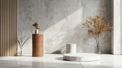 Modern product stand with round and rectangular pedestals in earthy tones simple elegance