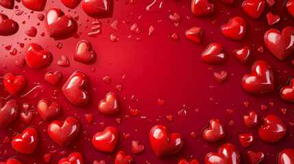 photorealistic red background with a mix of glossy and matte hearts in shades of red and pure white