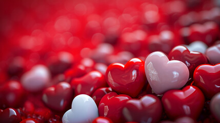 photorealistic red background with a mix of glossy and matte hearts in shades of red and pure white
