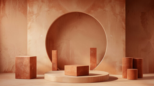 Minimalist product display terracotta-hued circular backdrop with matching cylindrical podiums and square blocks