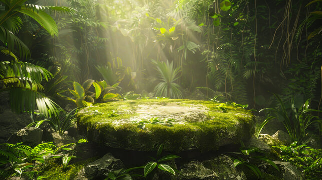 Photorealistic image of a moss-covered circular stone platform in a vibrant jungle