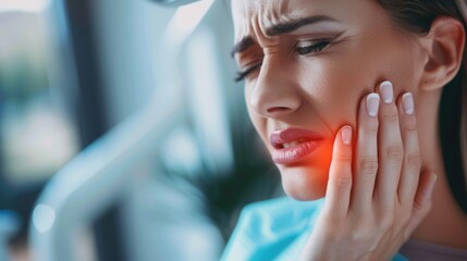 A woman holds her cheek while suffering from a toothache, depicting the discomfort and pain experienced during dental issues, emphasizing the need for oral health care and treatment - obrazy, fototapety, plakaty