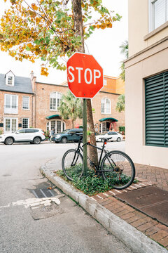 Bicycle chained to a stop sign. 