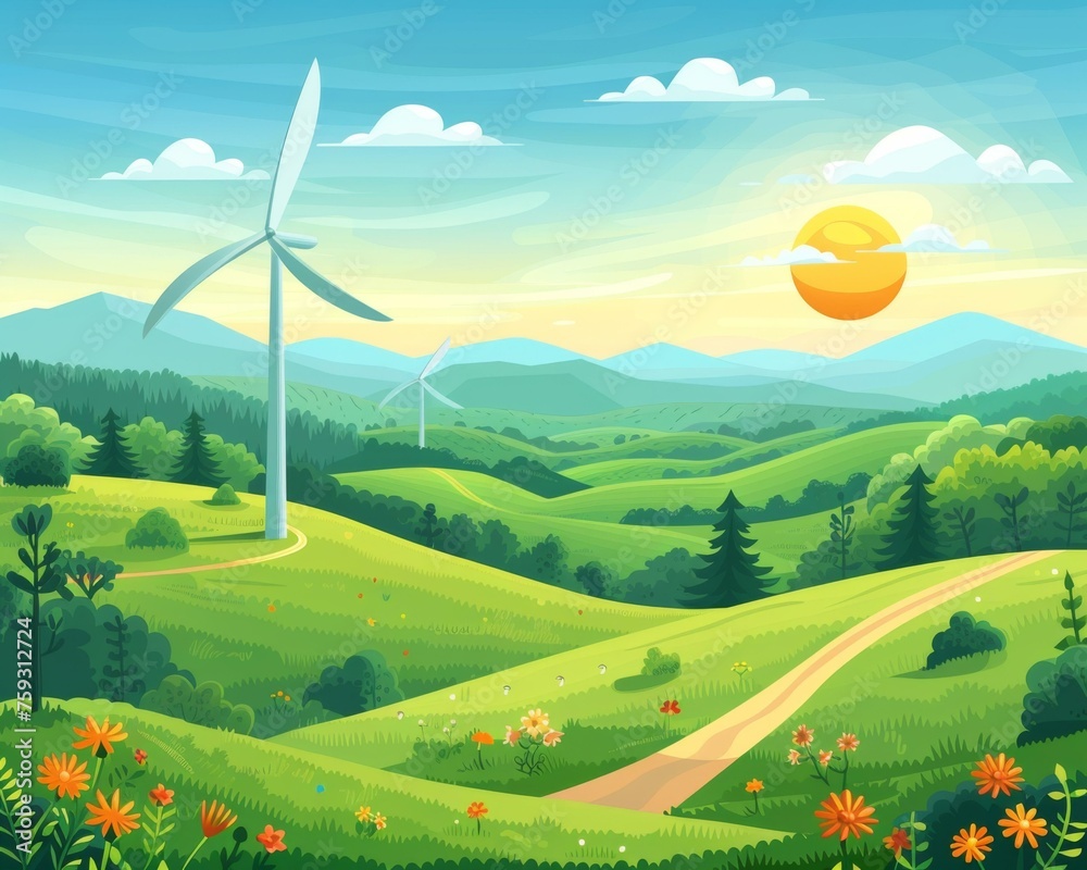 Poster a cartoon illustration of a green field with windmills and sun. generative ai.