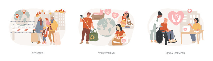 Help people isolated concept vector illustration set. Refugees, volunteering and social services, asylum seeker, immigration, welfare and child support, community organization vector concept. - 759312949