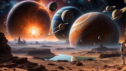 Alien Planet - 3D Rendered Illustration. Elements of this image, astronomy, planet, universe, space, background, cosmos, earth, galaxy, landscape, desert, celestial, sky, picture, moon, satellite - obrazy, fototapety, plakaty