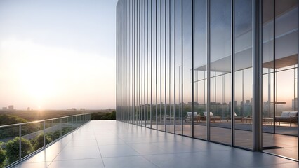 Panoramic view of a modern office building with a glass wall - obrazy, fototapety, plakaty