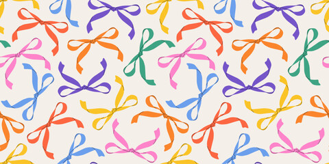 Various colorful contemporary bows. Hand-drawn, groovy vector illustrations. Simple and childlike with a bow pattern. A playful and whimsical design for trendy hair accessories. 