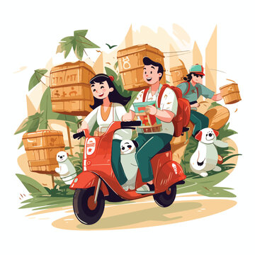 Sustainable delivery service with characters riding