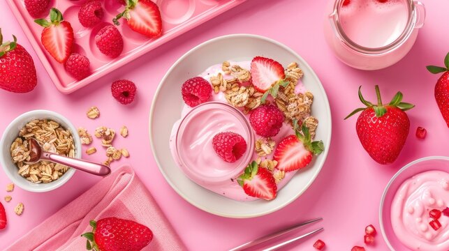 a bowl of yogurt with strawberries and granola on a pink surface next to a container of yogurt.