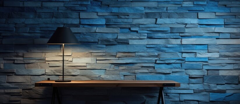Blue stone wall interior decoration with modern lamp.