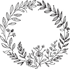 simple minimal hand-drawn sketch line art Floral frame. Floral wreath with leaves. Decorative elements for design. Vector Illustration.