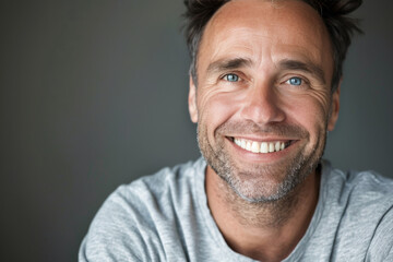 Fototapeta premium A man with a beard and blue eyes smiles for the camera
