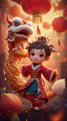 Girl dragon dancing and little dragons carrying festive object isolated on red background.