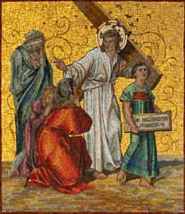 Fotobehang MILAN, ITALY - MARCH 4, 2024: The mosaic Jesus meets the women of Jerusalem as part of Cross way station in the church Chiesa di San Agostino by unknown artist of 20. cent. © Renáta Sedmáková