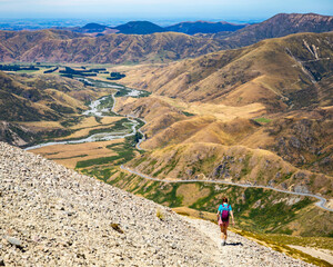 brave hiker climbing a steep, highly challenging track to Castle Hilll Peak in Korowai/Torlesse Tussocklands Park, near Sheffield, Canterbury, new zealand south island, Mountains close to Christchurch