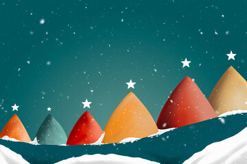 A christmas scene with trees and stars in the sky