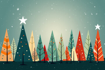 A christmas scene with trees and stars in the sky