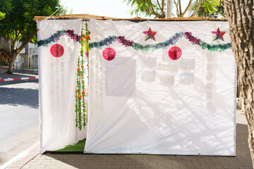 Jewish Sukkah in Jerusalem Streets During Sukkot Holiday.