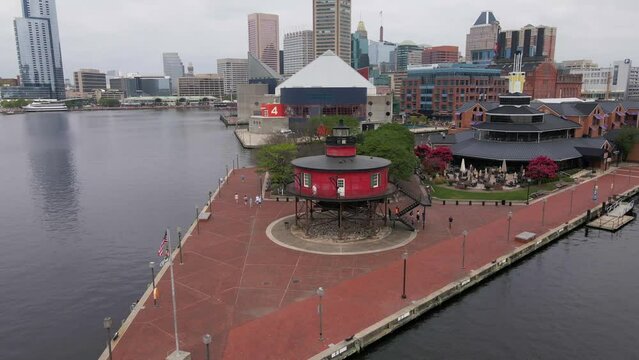 BALTIMORE - 1.19.2024 - Excellent aerial footage circling the Seven Foot Knoll Light in Baltimore, Maryland's inner harbor.