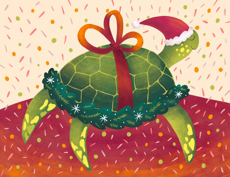 Illustration of a pet turtle celebrating Christmas