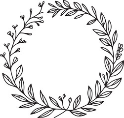 simple minimal hand-drawn sketch line art Floral frame. Floral wreath with leaves. Decorative elements for design. Vector Illustration.