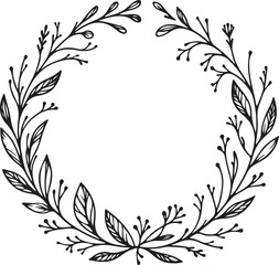 simple minimal hand-drawn sketch line art Floral frame. Floral wreath with leaves. Decorative elements for design. Vector Illustration.