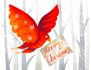 Christmas card concept: red bird carries a Merry Christmas card 