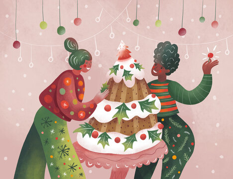 Christmas concept two girls in Christmas clothes decorate a cake