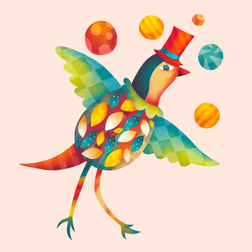 Fairy circus bird character juggling colored balls