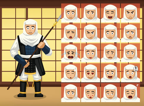 Japanese Warrior Monk Cartoon Emotion faces Vector Illustration