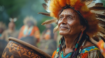 Proud Indigenous Man in Traditional Headdress at Cultural Festival - obrazy, fototapety, plakaty