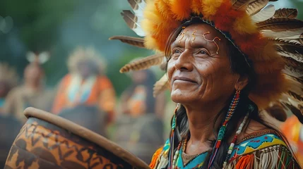 Poster Proud Indigenous Man in Traditional Headdress at Cultural Festival © DjelicN