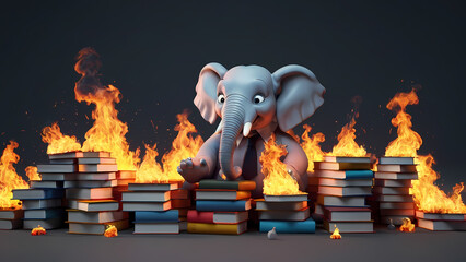 Republican elephant with books on fire education ban political humor Created With Generative Ai - obrazy, fototapety, plakaty