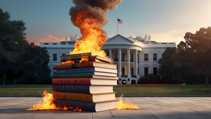 White House with books on fire education ban concept Created With Generative Ai - obrazy, fototapety, plakaty