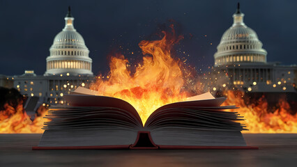 Burning book literature ban law in with Capitol building in background Created With Generative Ai - obrazy, fototapety, plakaty