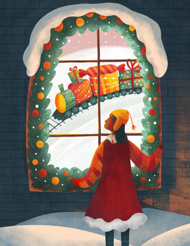 Fairytale Christmas concept: a girl looks out a fairy window whe