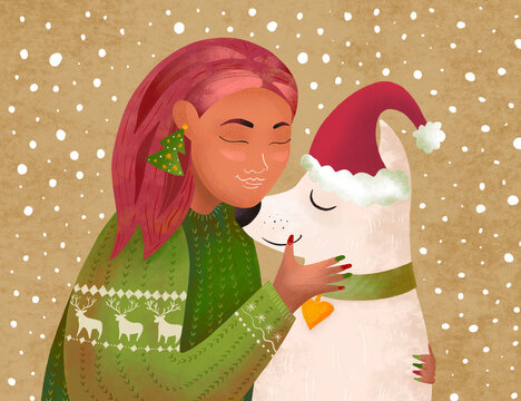 Asian girl with red hair hugs her dog celebrating the Christmas