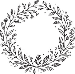 simple minimal hand-drawn sketch line art Floral frame. Floral wreath with leaves. Decorative elements for design. Vector Illustration.