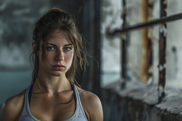 Naklejka premium A woman in a grey tank top looks at the camera